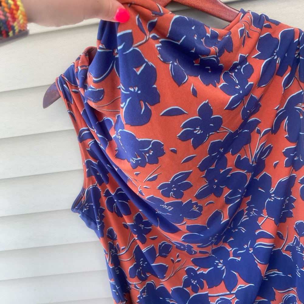 Tahari Draped Sleeveless Blouse in Blue and Orange - Picture 7 of 9
